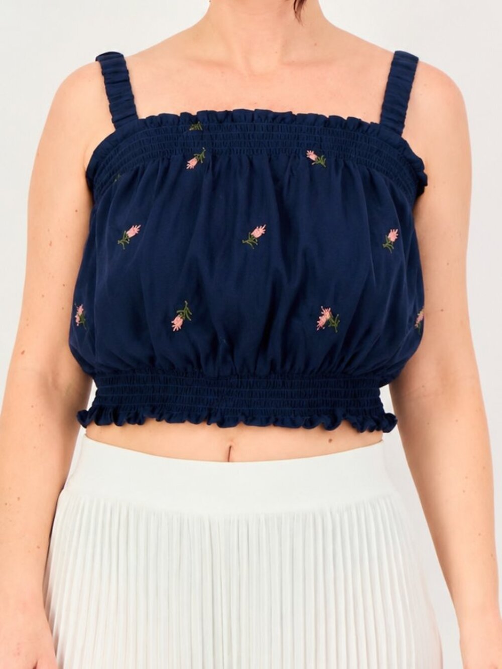 Smocked Strap Navy Embroidered Crop Top